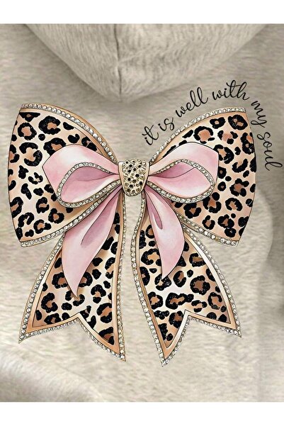 SeusCraft Gri Sırt Leopar Kurdele Sweatshirt - Baskılı Oversize Şardonlu Kapüşonlu