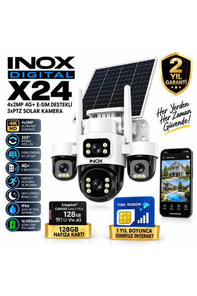 inox X24 4G+ E-SIM 3xPTZ Solar Kamera | 4x2MP 4K HD | 16.000mAh | 128GB Hafız...