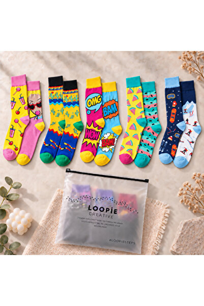 Loopie Socks 5'li Renkli Desenli Tasarım Soket Çorap Seti - İsme Özel Şerit -...