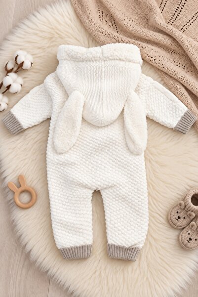 Pure Boutique Salopeta tricotata bebe cu urechiuse, imblanita la interior, alba
