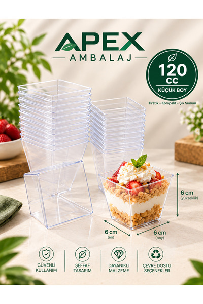 Apex 25 Adet Kristal Mika Prizma Tatlı Kasesi 120 cc Kapaksız Kübik Sunum Kab...