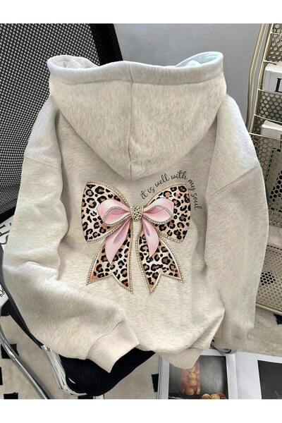 SeusCraft Gri Sırt Leopar Kurdele Sweatshirt - Baskılı Oversize Şardonlu Kapüşonlu
