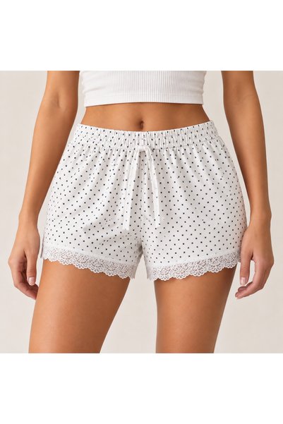 Kadın Beyaz Desenli Dantel Detaylı Şort – Beli Lastikli Bağcıklı Pijama Altı Ev Giyim