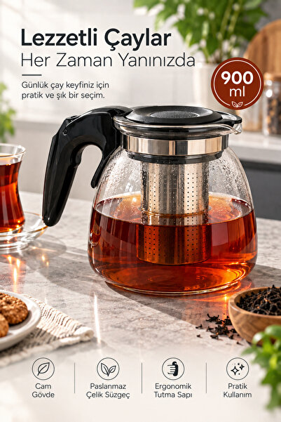 Cam Çaydanlık 900 ML Paslanmaz Çelik Süzgeçli Kapaklı Demlik Ergonomik Saplı Çay Demleme Potu 900
