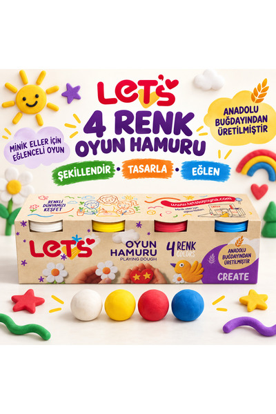 Lets Let’s 4 Renk Oyun Hamuru Seti Anadolu Buğdayından Üretilmiş Çocuk Oyun v...