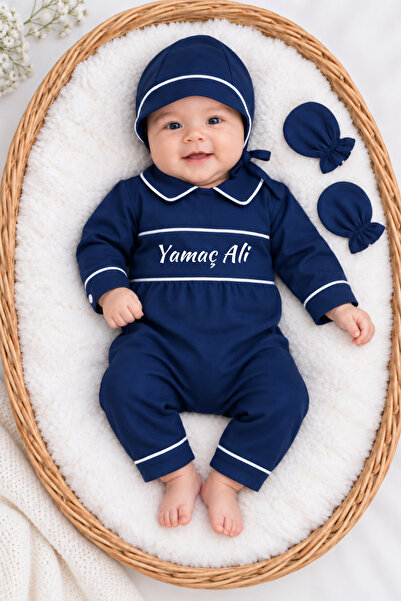 Minytrendy Erkek Bebek İsme Özel Konsept Yenidoğan Tulum Şapka Eldiven İsimli...