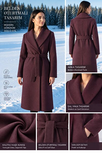 Moda Banuş Palton de damă cu curea, buzunare, șliț și căptușeală, culoare prună