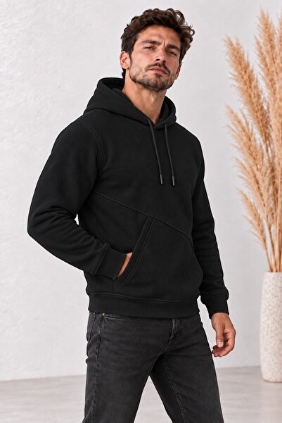 Erkek Siyah 3 İplik Şardonlu Yan Cepli Sweatshirt Yumuşacık Dokulu Kışlık
