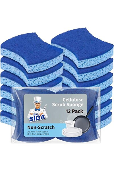 MR.SIGA Non-Scratch Cellulose Scrub Sponge, Dual-Sided Dish Sponge, 12 Pack