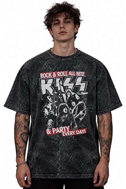 SEVBANO Kiss Rock Metal Music Band Printed Unisex Oversized Vintage Washed T-...