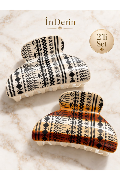 İnDerin 9 cm Large Size Acrylic Hair Clip Set with Geometric Pattern