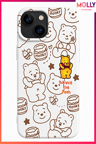 Molly iPhone 13/14 İçin Beyaz Winnie The Pooh Ballı Günler Desenli İçi Kadife...