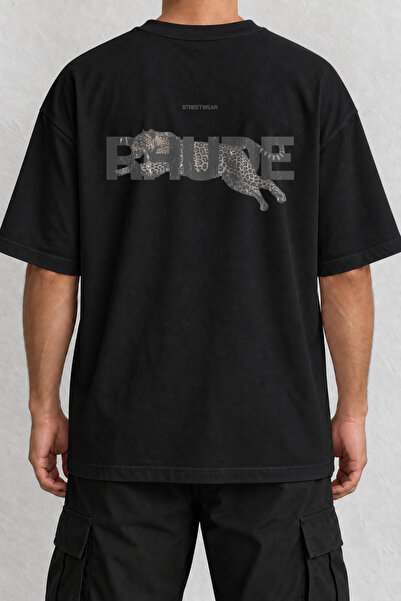 CrowsGate Leopard Typography Back Printed Oversize Black T-Shirt