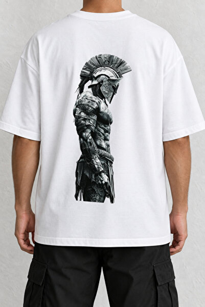 CrowsGate Λευκό μπλουζάκι με στάμπα στην πλάτη Spartan Warrior, σε μεγάλο μέγ...