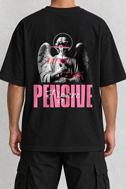 CrowsGate Pink Angel Back Print Oversize Black T-Shirt