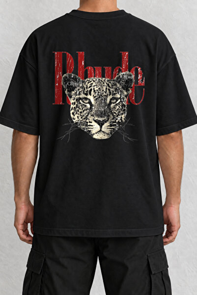 CrowsGate Leopard Portrait Back Print Oversize Black T-Shirt