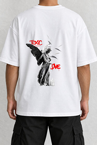 CrowsGate Toxic Love Angel Back Printed Oversize White T-Shirt