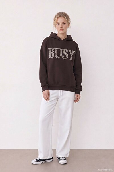 Quzu Women's Brown Appliqué Detailed Hooded T-Shirt