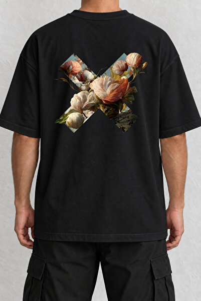 CrowsGate Floral X Back Print Oversize Black T-Shirt