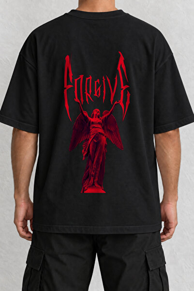 CrowsGate Forgive Red Angel Back Print Oversize Black T-Shirt