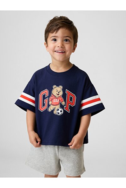 GAP Erkek Bebek Lacivert Oversized Brannan Bear Varsity Grafik Logo T-Shirt