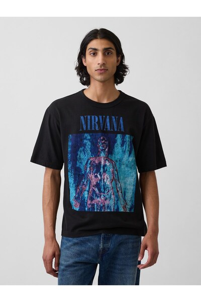 GAP Erkek Siyah Nirvana Heavyweight Crop Grafik Baskılı T-Shirt