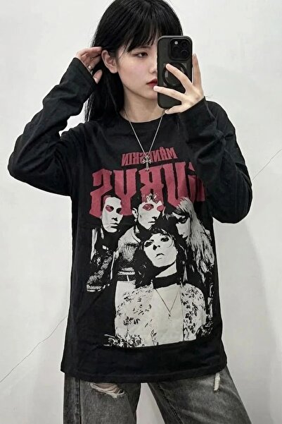 Karakedi Siyah Maneskin Y2K Unisex Uzun Kollu Tshirt