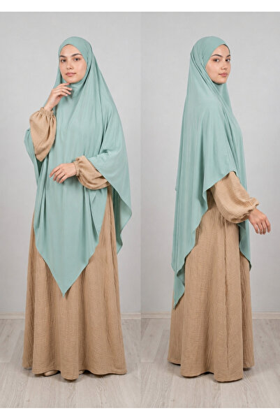 AHRAR tesettür Full Length Triangle Sandy Souffle Khimar Hijab Scarf Water Green