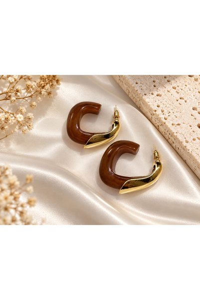 Karamel Kahve Gold Detaylı Kalın Halka Küpe