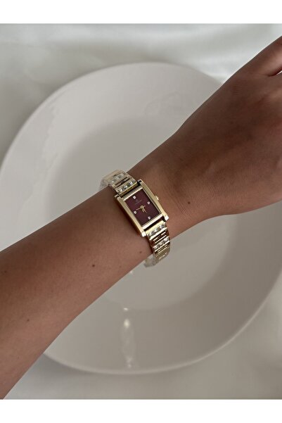 Lillianna Kadın Gold Bordo Kadran Vintage Kol Saati Taş Detaylı Metal Bilekli...