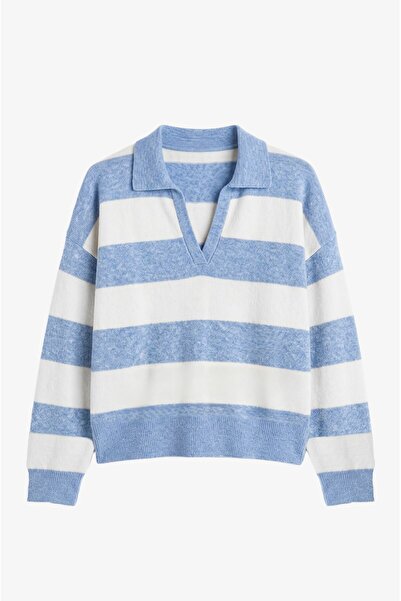 Havoş Blau gestreifter Pullover mit Polokragen