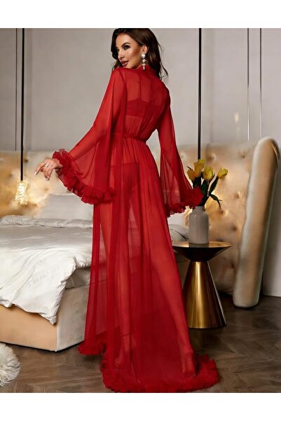 Sthxyfaith Women's Sexy Robe Ruffle Trim Long Sleeve Belted Sheer Mesh Wedding Bride Robe Nightgown