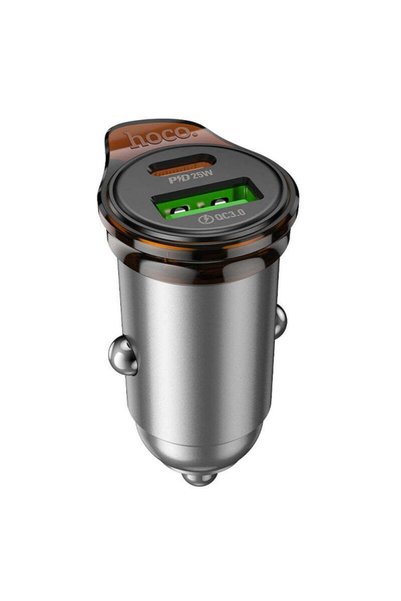 Hoco Incarcator Auto + Cablu Lightning, 1m, PD43W, 1xUSB-C, 1xUSB-A - Gri