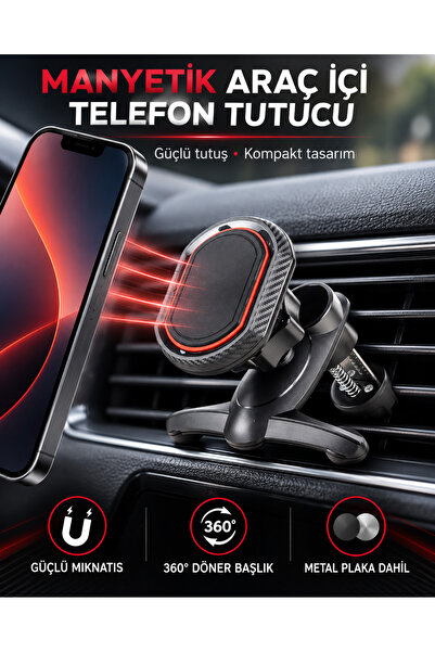 A23 Mıknatıslı Klipsli Havalandırma Araç İçi Telefon Tutucu 360° Metal Plakalı