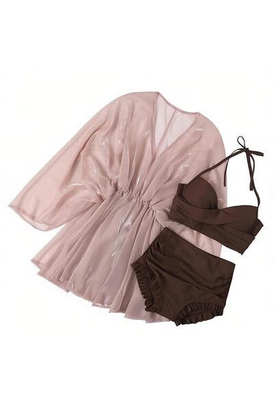 Generic 3-Piece Women's Bikini Set with Sheer Mesh Cover Up, Halter Top and H...