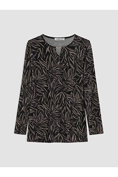 LC Waikiki Peak New Season Black Crew Neck Patterned Blouse