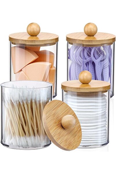 SWIUKPHE 10 Ounce Bamboo Lid Q Tip Holder Dispenser Set for Bathroom, Organiz...