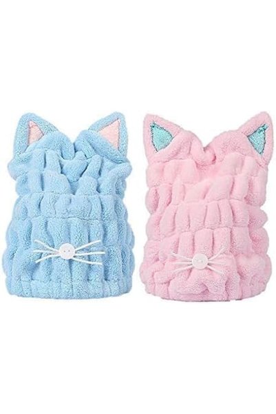 Tazweeq 2 Pcs Microfiber Hair Towel, Cute Cat Hair Turbans, Absorben & Anti F...