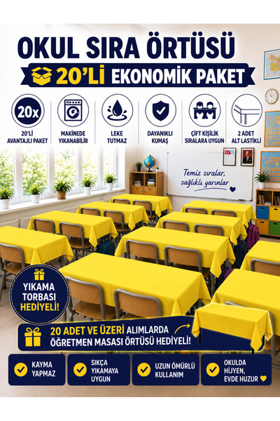 GÜLHOME 20'Li Okul Sıra Masa Örtüsü Lastikli A kalite kumaş Leke Tutmaz