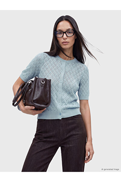 LC Waikiki Peak New Season Blue Crew Neck Openwork Women's Cardigan