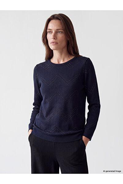LC Waikiki Peak New Season Navy Blue Crew Neck Patterned Women's Knitwear Swe...
