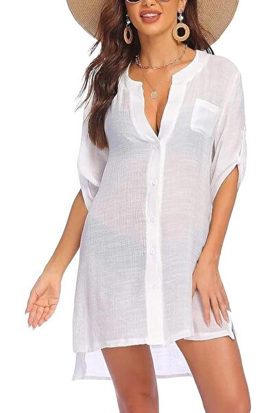 Generic Women's Swimsuit Cover Ups 3/4 Sleeve Button Down Shirt Bathing Suit ...