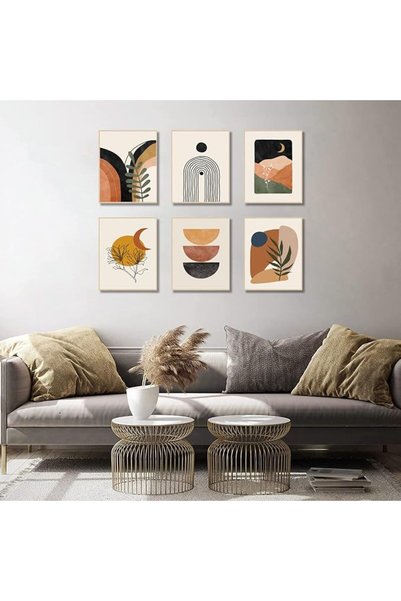 KBKBART Sage Green Boho Wall Art Prints, Abstract Geometric Boho Wall Decor Leaf Sun Moon Line Rainbow Canva