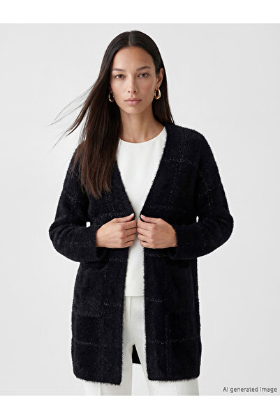 LC Waikiki Vizyon New Season Black Shawl Collar Plaid Women's Knitwear Plush ...