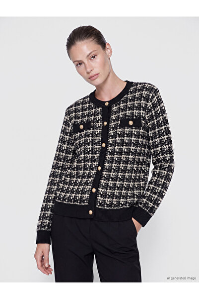 LC Waikiki Vizyon New Season Black Crew Neck Plaid Women's Knitwear Cardigan