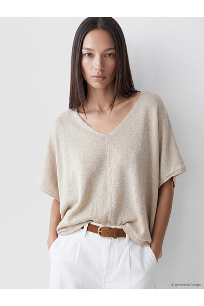 LC Waikiki Peak New Season Beige V-Neck Plus Size Women's Knitwear Sweater