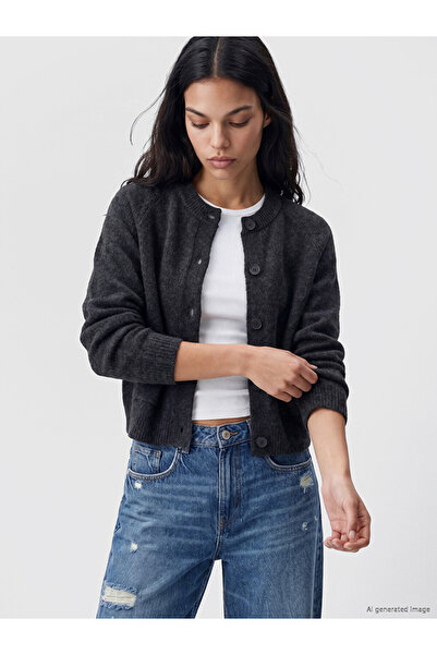 LC Waikiki Vizyon New Season Anthracite Crew Neck Women's Knitwear Cardigan