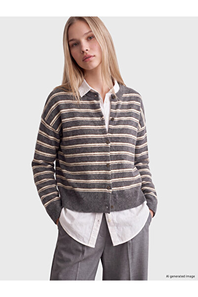 LC Waikiki Vizyon New Season Gray Crew Neck Striped Women's Knitwear Cardigan