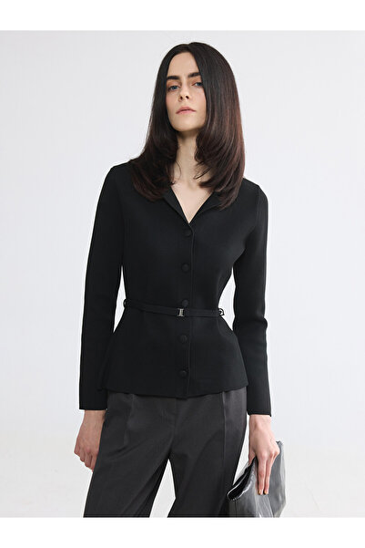 LC Waikiki Özmarka New Season Black Polo Collar Women's Knitwear Cardigan