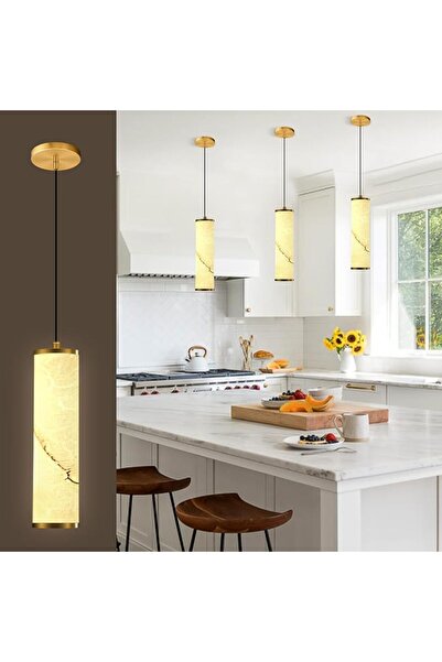 GENERAL Modern Cylinder Pendant Light, Gold Finish Pendant Lamp with Alabaste...